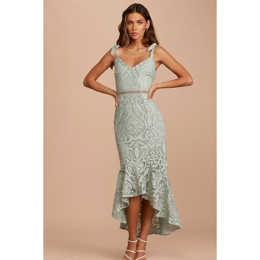 Lulus Won Your Heart Sage Green Lace Tie-strap High-low Midi Dress - Size M